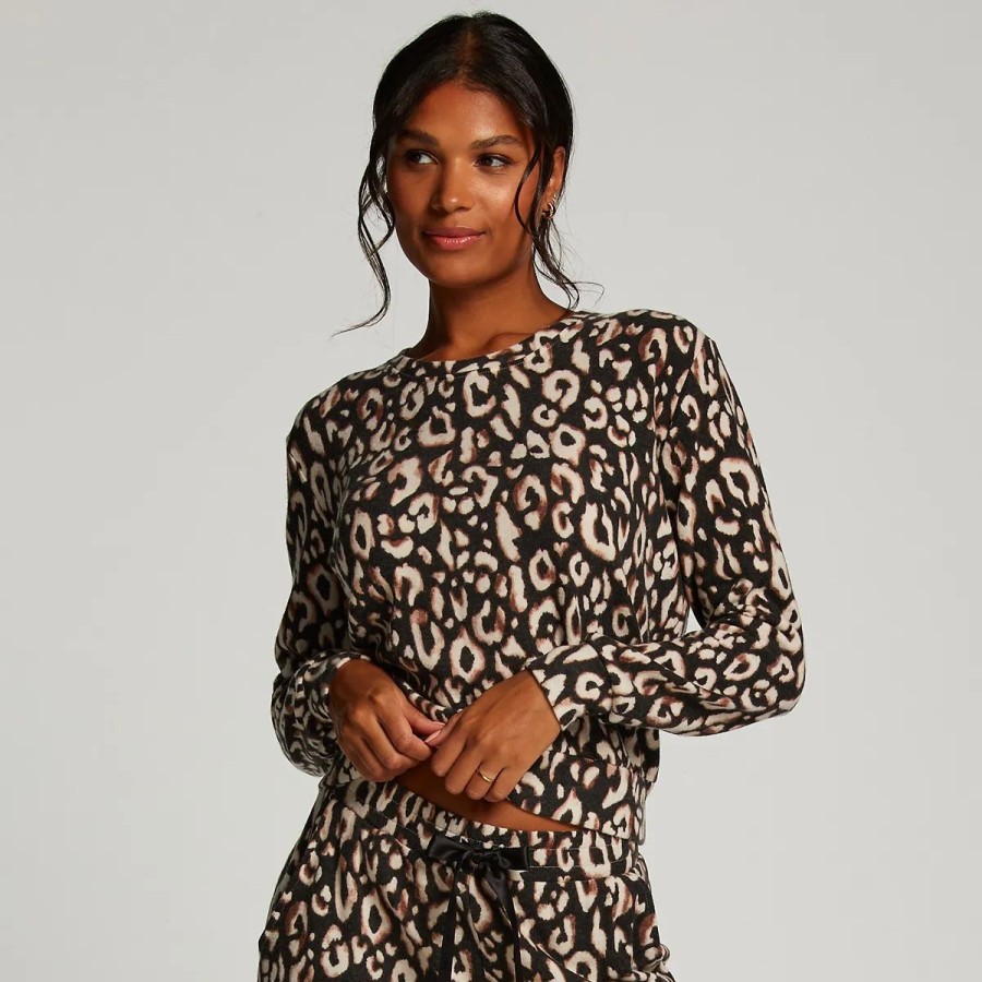 Lingeri Hunkem枚ller Homewear | Hunkem Ller Brushed Jersey Leopard Bluse, Sort