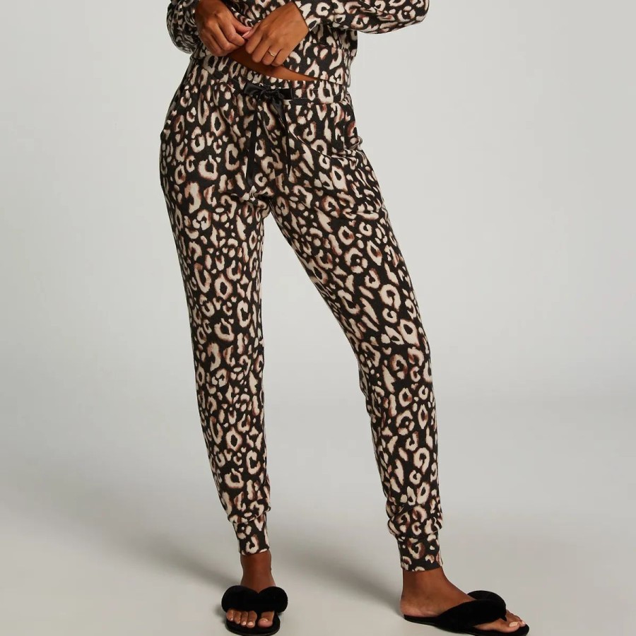 Lingeri Hunkem枚ller Homewear | Hunkem Ller Brushed Jersey Leopard Natbukser, Sort